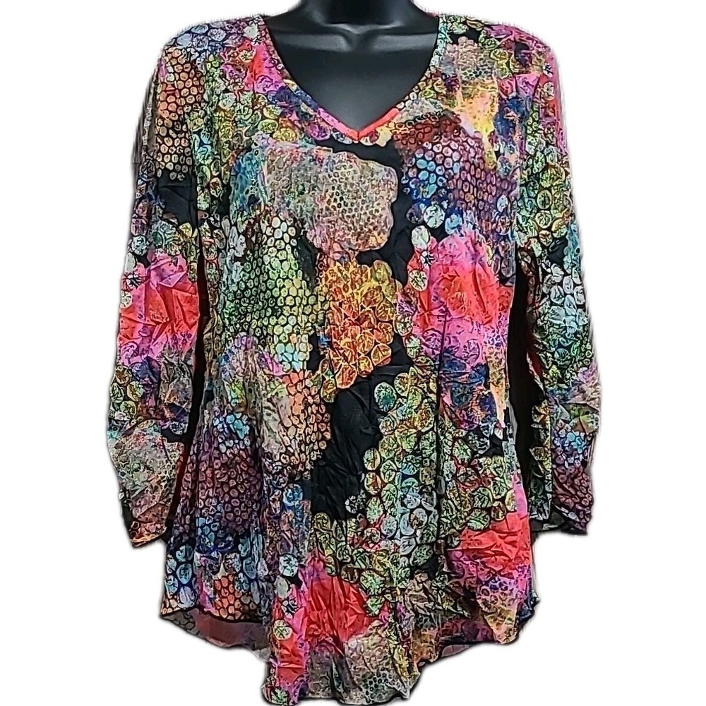 SNOSKINS Colorful Abstract Mesh Blouse Size Small Semi-Sheer V-Neck Art to Wear